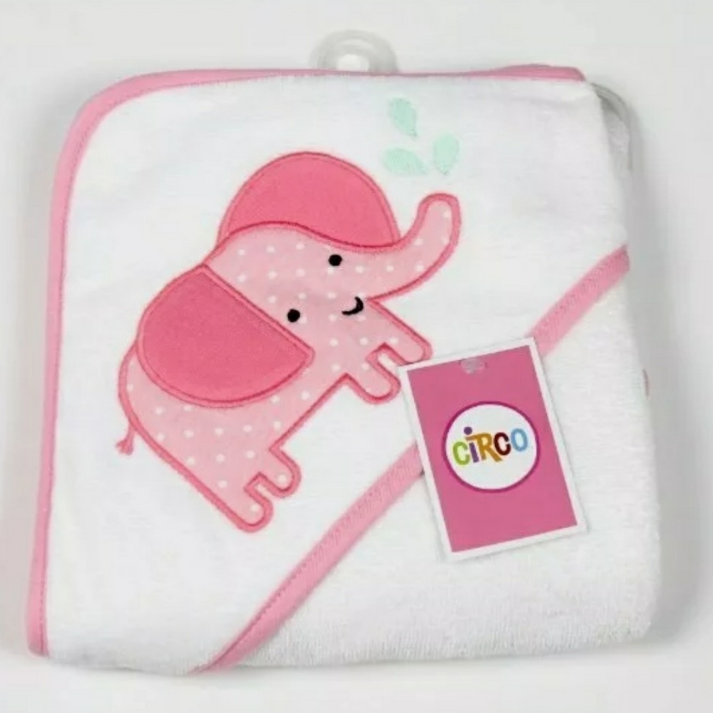Baby hooded bath towel White with pink elephant